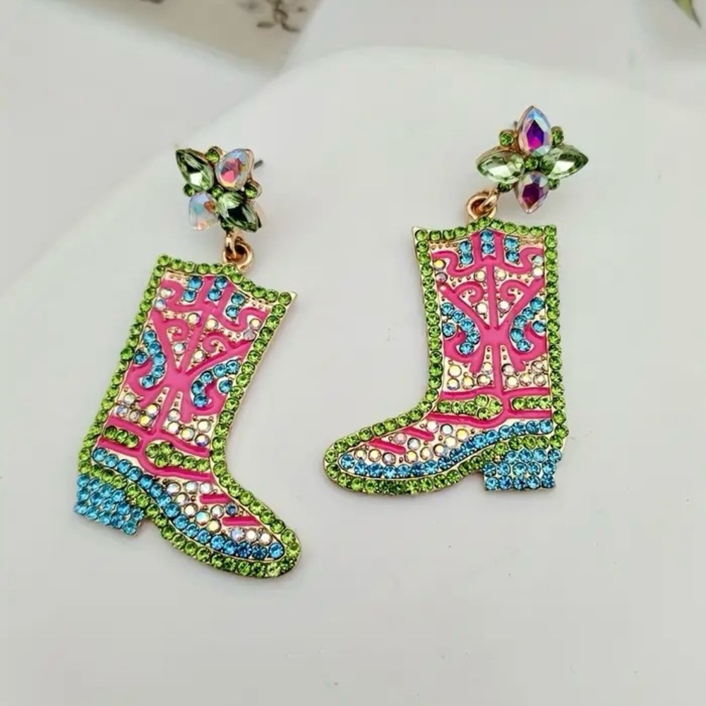 Colourful Cowgirl Boot Earrings Rhinestones Pink Green Blue Western Cowboy Post